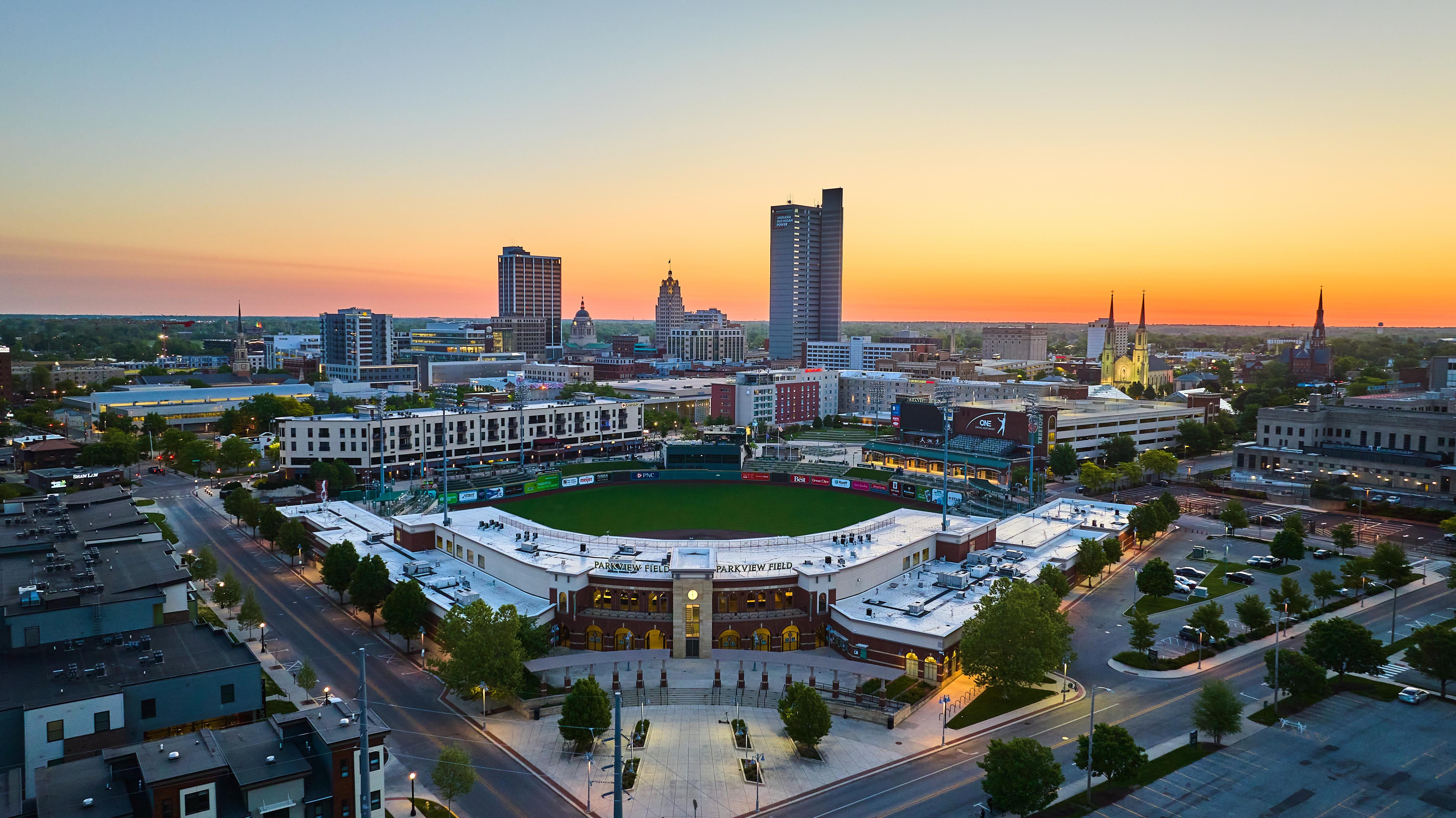 Aerial Baseball diamond downtown fort wayne Indiana, Parkview Field city sunrise